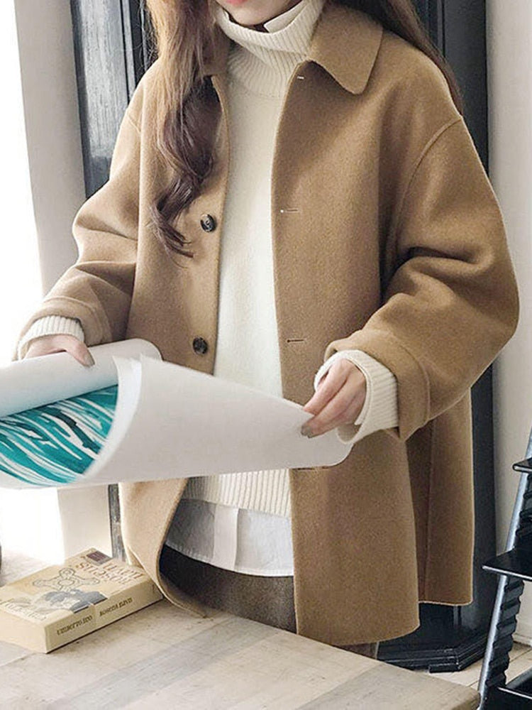 Faux Wool Long Sleeve Causal Coat