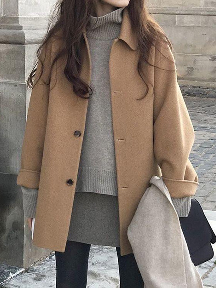 Faux Wool Long Sleeve Causal Coat