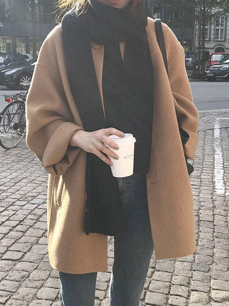 Faux Wool Long Sleeve Causal Coat